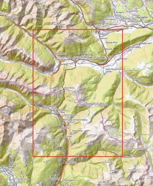 Dieses Bild zeigt eine Karte eines 3D Bergmodell oder Gebirgsmodell bzw. Landschaftsmodell vom Alpen-Skigebiet Katschberg. Inhaber: Bergreliefs.de-Shop. Bergreliefs fertigt Modell von Alpen, Berg und Gebirge sowie Gebirgsmodell, 3D Modell, Bergrelief und Bergmodell. Karte von opentopomap