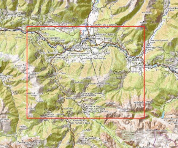 Dieses Bild zeigt eine Karte eines 3D Bergmodell oder Gebirgsmodell bzw. Landschaftsmodell vom Alpen-Skigebiet Kronplatz, Bruneck. Inhaber: Bergreliefs.de-Shop. Bergreliefs fertigt Modell von Alpen, Berg und Gebirge sowie Gebirgsmodell, 3D Modell, Bergrelief und Bergmodell. Karte von opentopomap