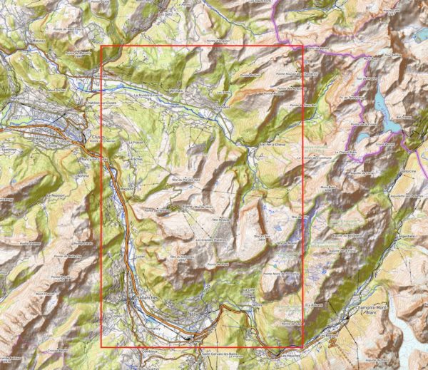 Dieses Bild zeigt einen Kartenauscchnitt eines 3D Bergmodell vom Skigebiet Le Grand Massif.