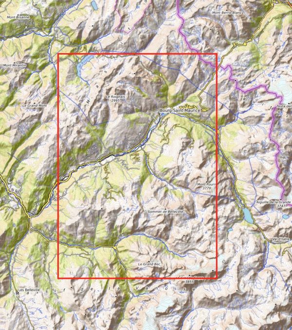 Dieses Bild zeigt einen Kartenauscchnitt eines 3D Bergmodell vom Skigebiet Les Arcs Paradiski.