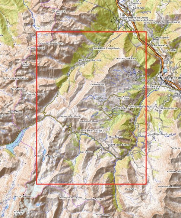 Dieses Bild zeigt einen Kartenauscchnitt eines 3D Bergmodell vom Skigebiet Les Sybelles.